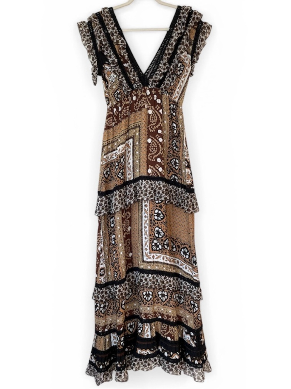 Raffaela D’Angelo Tiered Maxi Dress Size S Brown Boho Coastal Cowgirl Beach - Picture 10 of 16